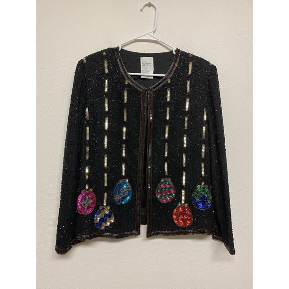 Vintage Lawrence Kazer Evening Bead Sequin Silk Jacket Women's L Christmas - Picture 1 of 9